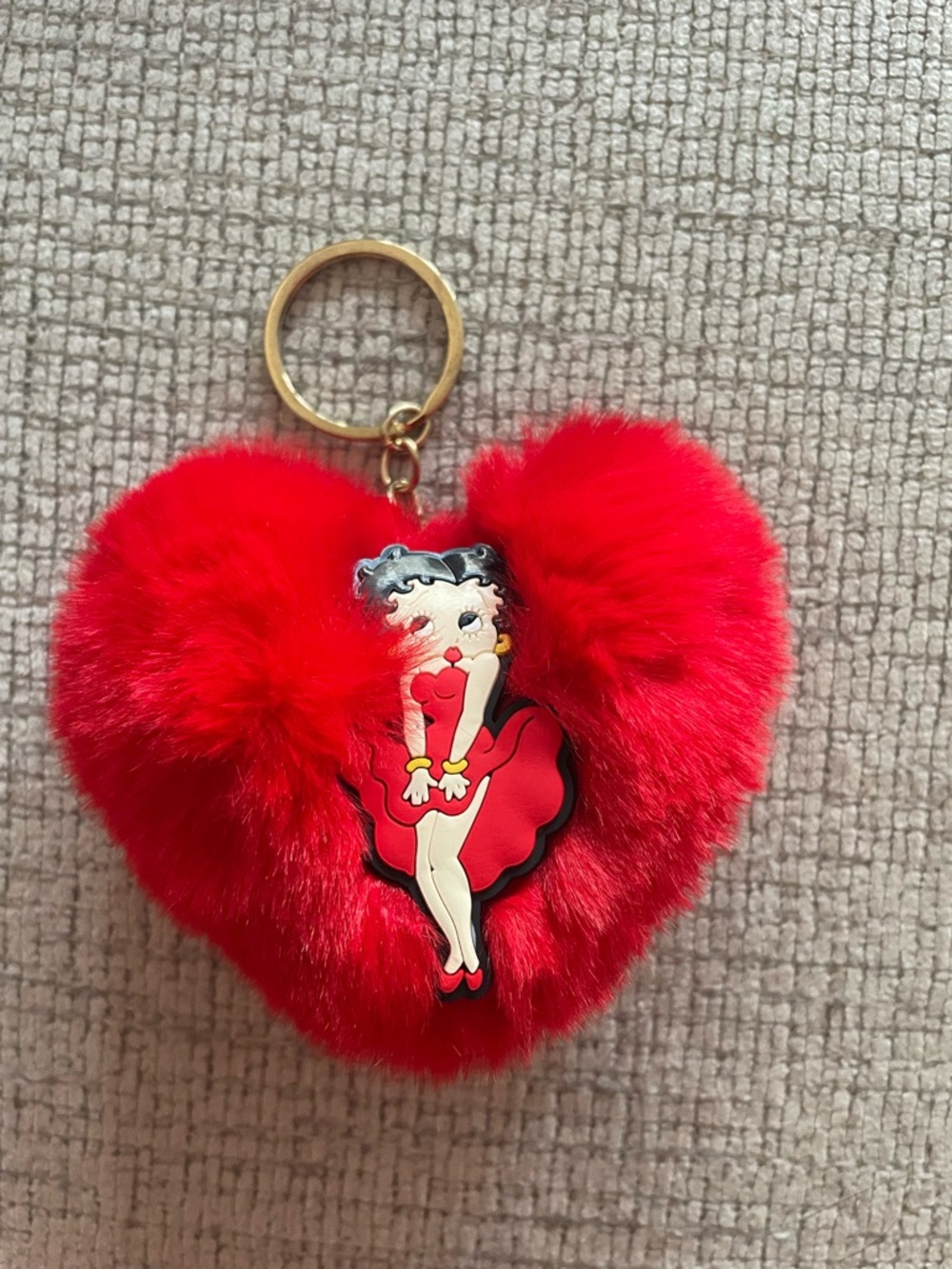 Red Heart Pom Pom Keychain with Betty Boop Charm